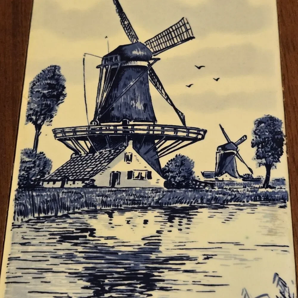 Vintage Delft Blue Windmills Water Tile & Wood Cheese Charcuterie Cutting Board